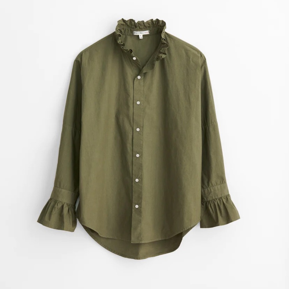 Alex Mill Easy Ruffle Shirt in Paper Poplin Dusty Olive size L
